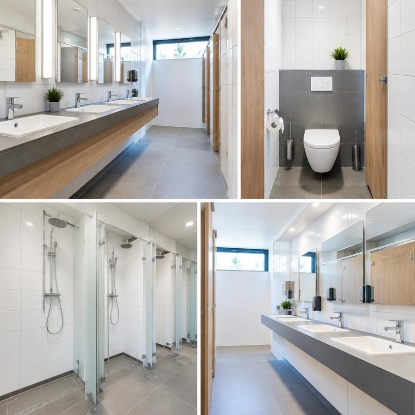 Schone sanitaire voorzieningen met wastafels en douches