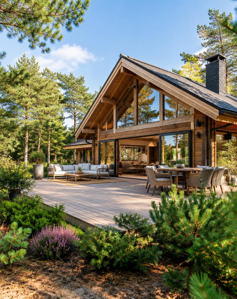 Zonnig houten chalet tussen de bomen op de Veluwe